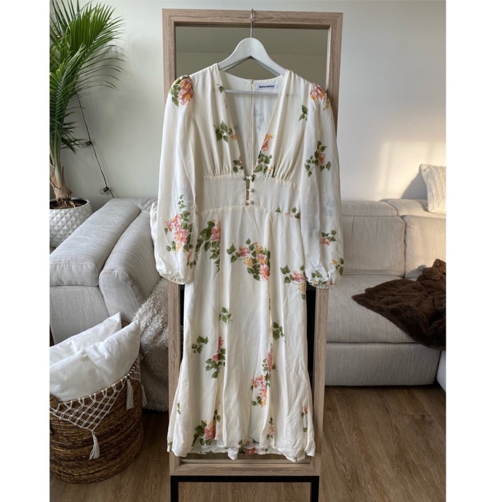 REFORMATION LORNE FLORAL LONG SLEEVE MIDI DRESS, SIZE:10